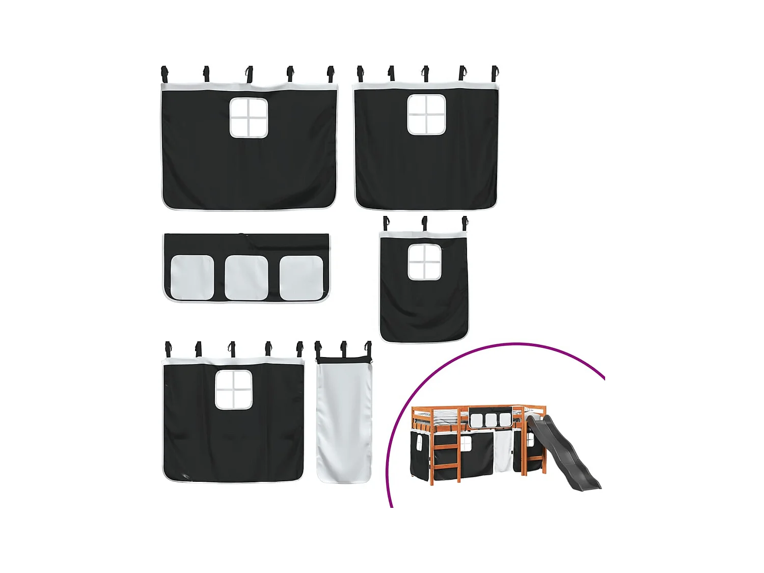 Lit mezzanine enfants et rideaux blanc/noir 80x200cm pin massif