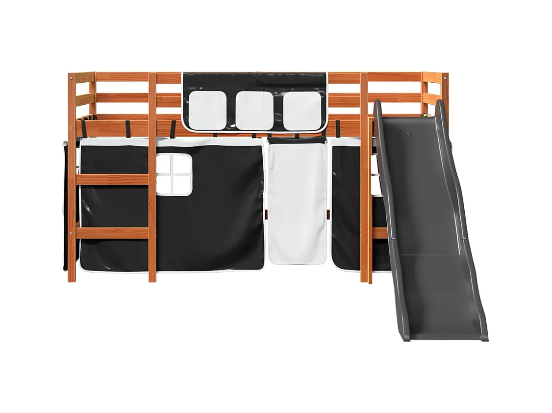 Lit mezzanine enfants et rideaux blanc/noir 80x200cm pin massif