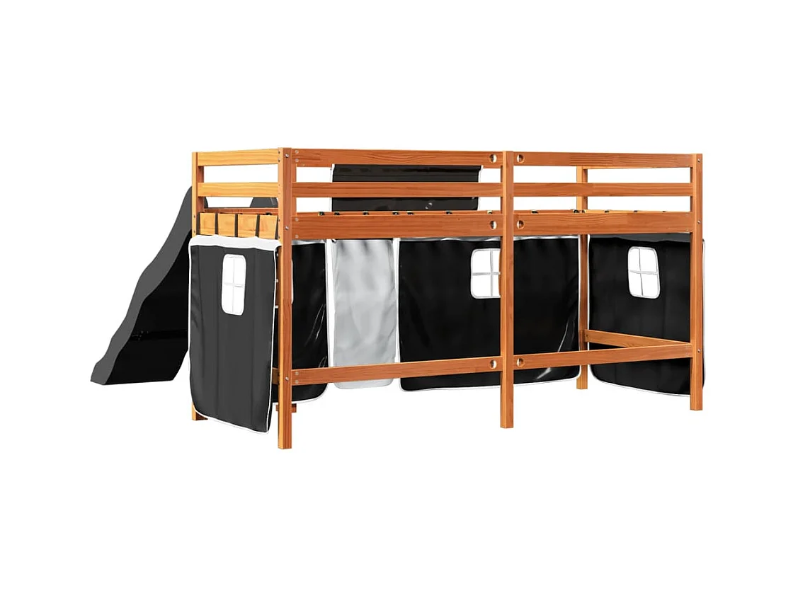 Lit mezzanine enfants et rideaux blanc/noir 80x200cm pin massif
