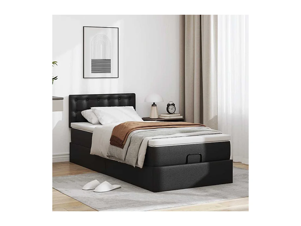 Struttura Letto Pouf con Materasso Nero 80x200 cm Similpelle