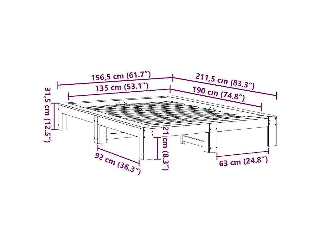 Bedframe zonder matras massief grenenhout wit 135x190 cm