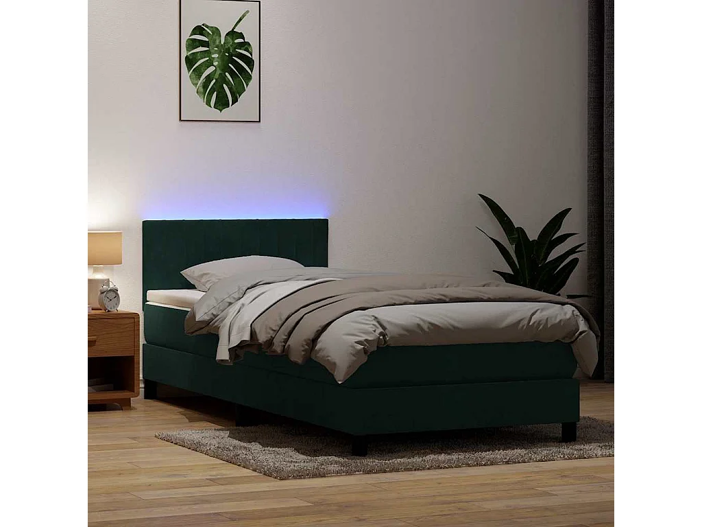 Letto a Molle con Materasso e LED Verde Scuro 80x220 cm Velluto