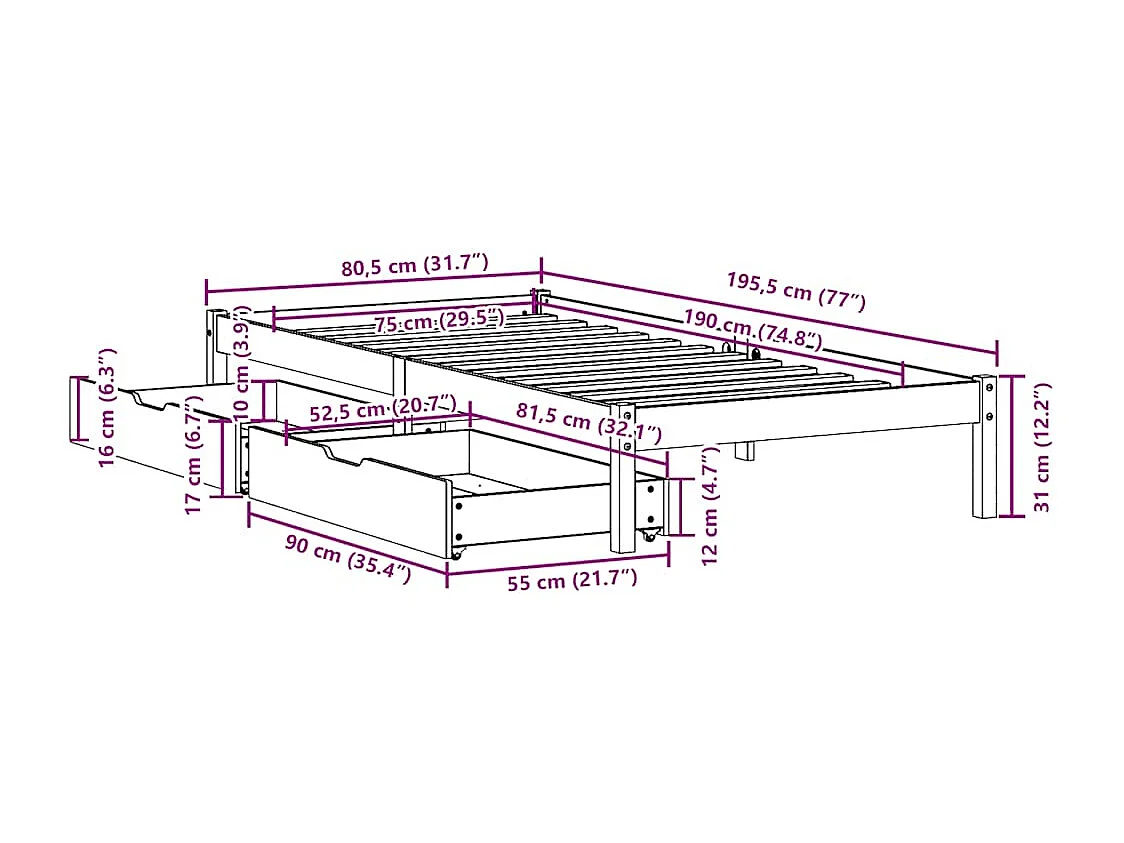 Massivholzbett ohne Matratze Wachsbraun 75x190 cm Kiefernholz