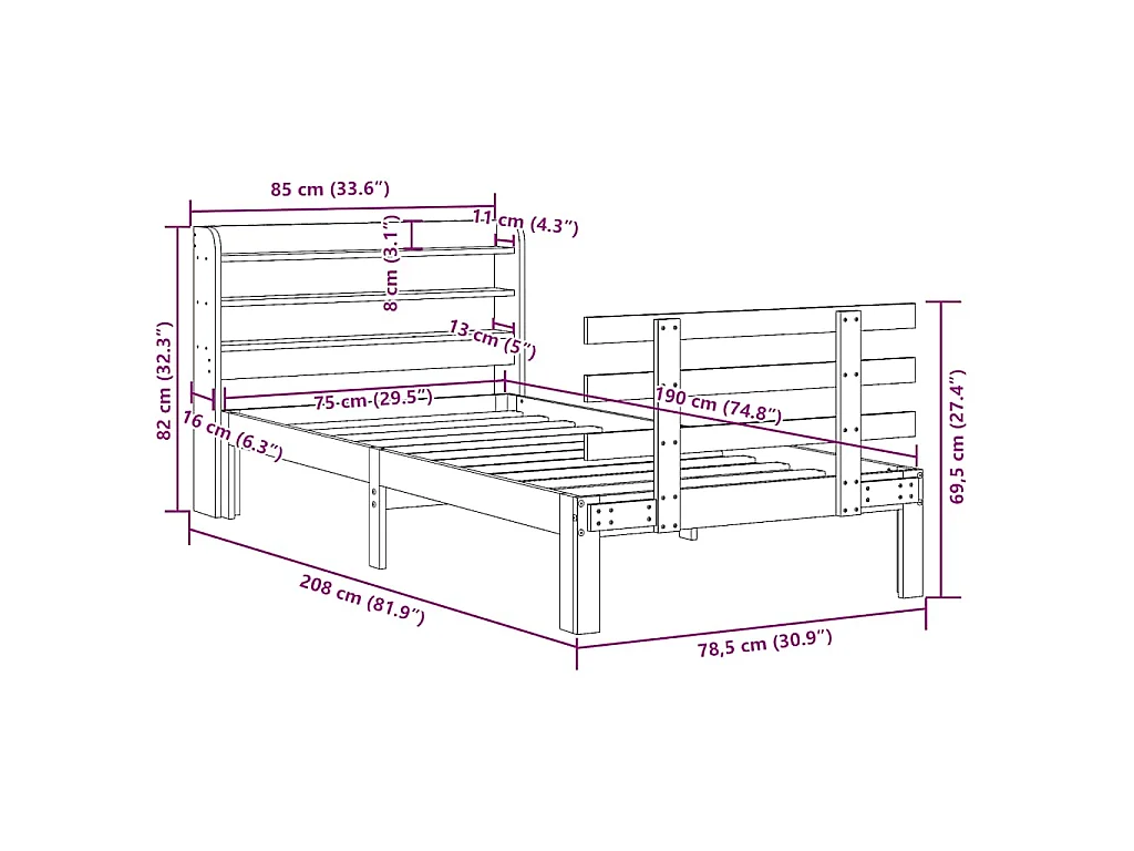 Giroletto con Testiera Bianco 75x190 cm Legno Massello di Pino