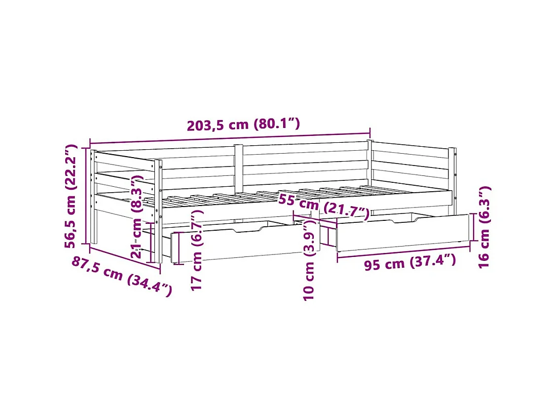 Lit de jour avec tiroirs sans matelas 80x200 cm bois massif