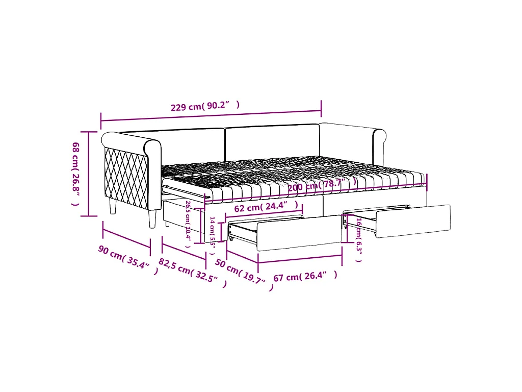 Slaapbank onderschuifbed en lades 80x200 cm fluweel donkergrijs