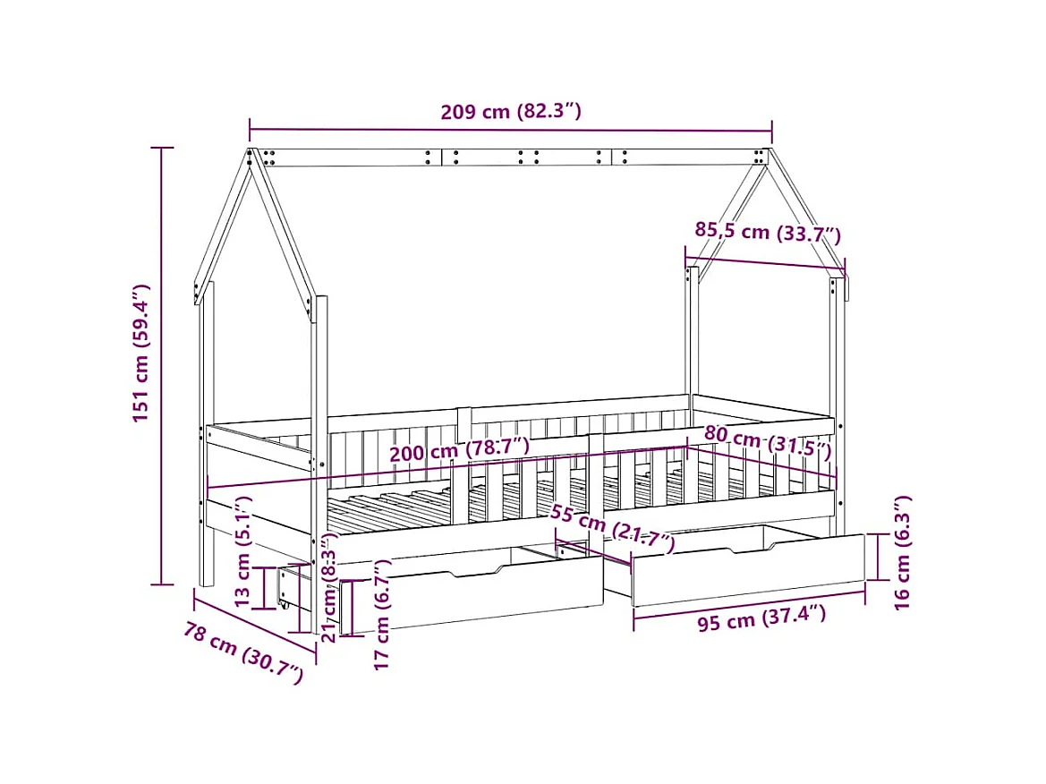 Giroletto Bambini con Cassetti 80x200 cm Legno Massello di Pino