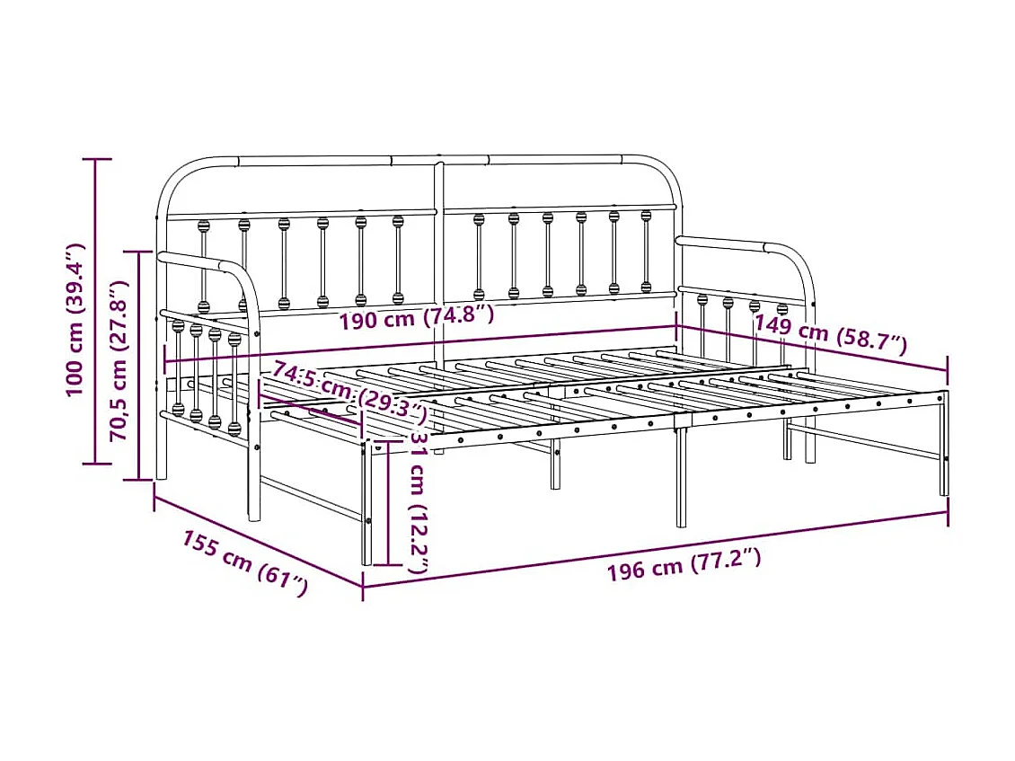 Bedframe voor een daybed met hoofdeinde Wit 75 x 190 cm Staal
