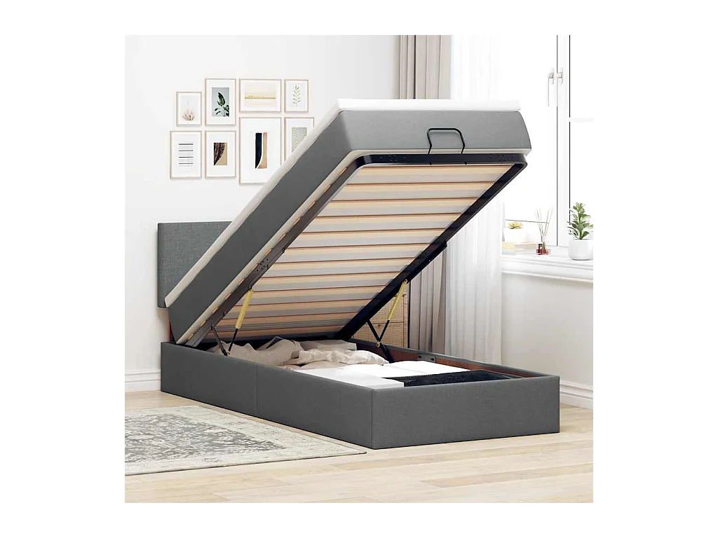 Cama otomana con colchón y LED tela gris oscuro 80x200cm