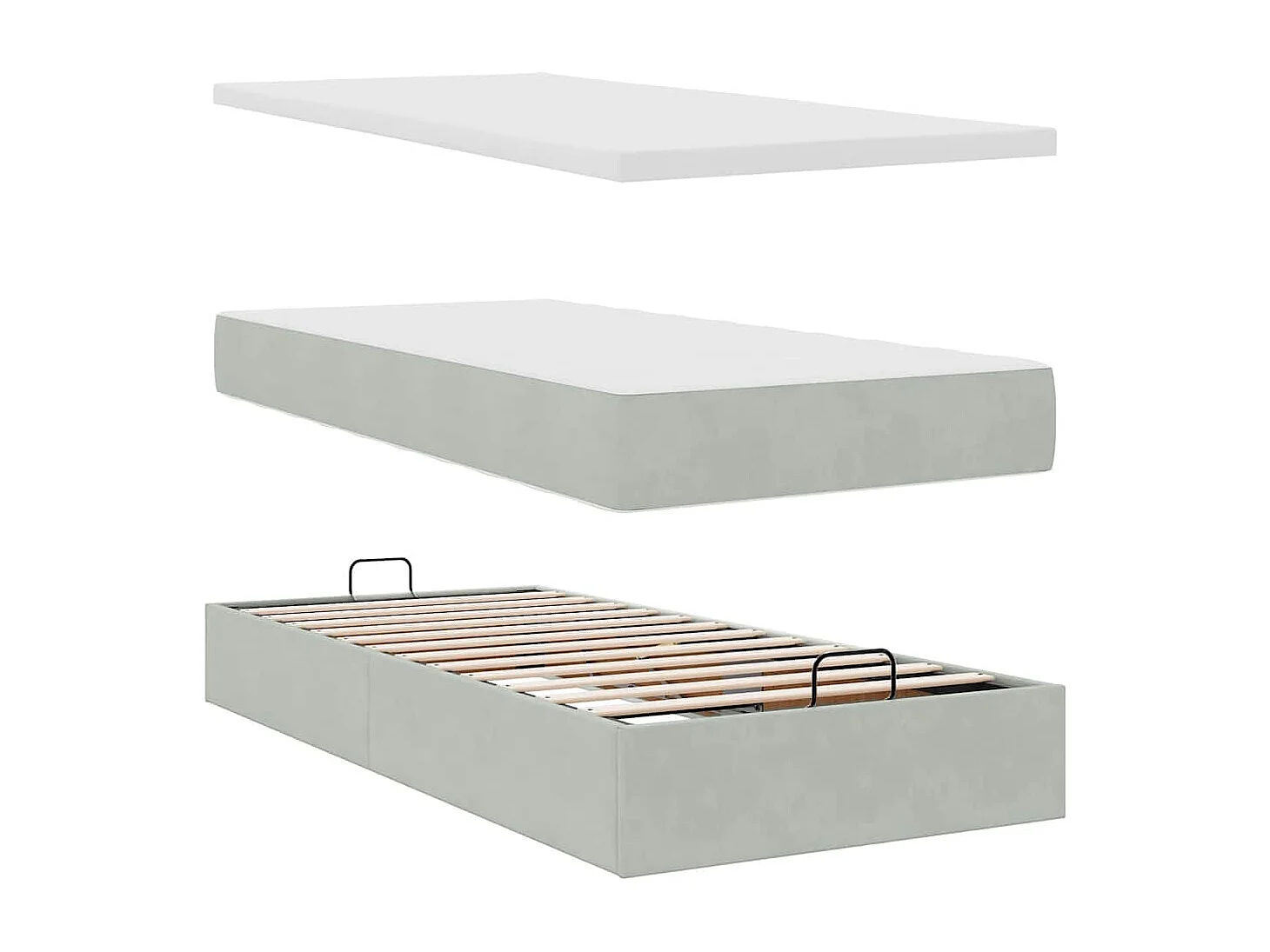 Estructura cama otomana colchón terciopelo gris claro 80x200cm
