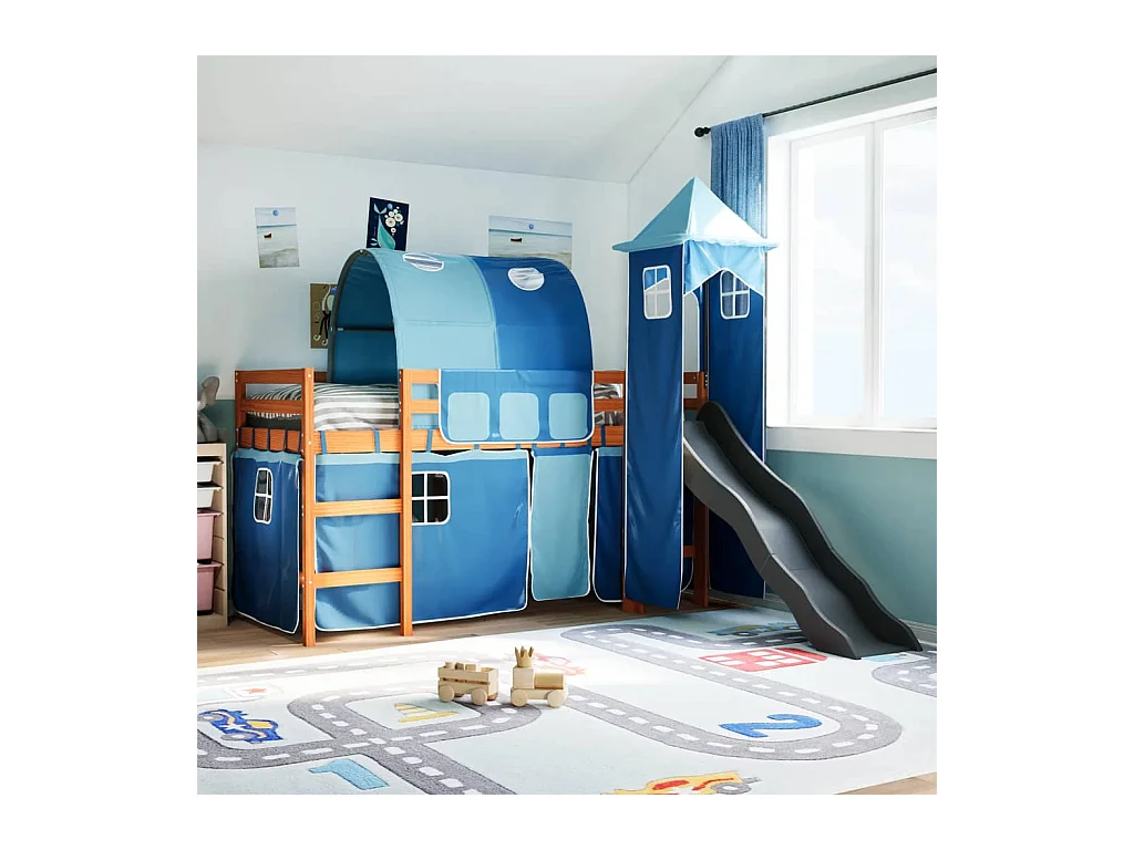 Lit mezzanine enfants avec tour bleu 80x200cm bois pin massif