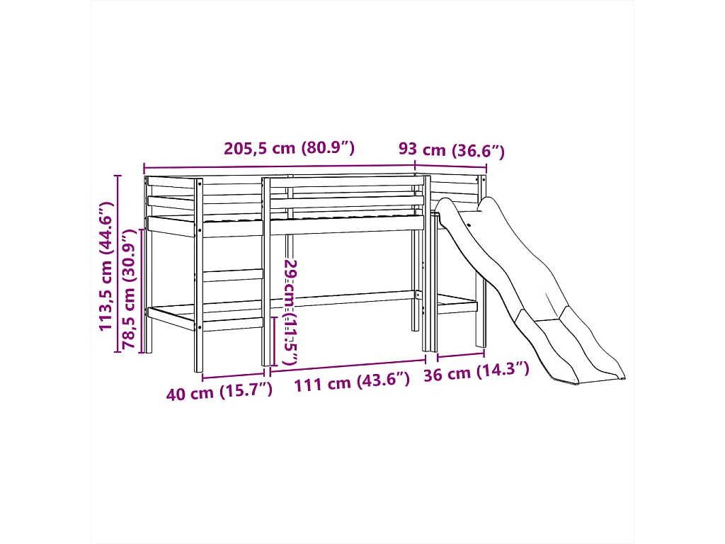 Lit mezzanine enfants avec tour bleu 80x200cm bois pin massif