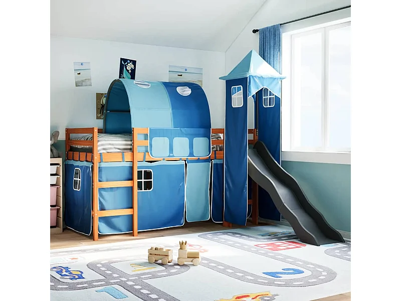 Letto a Soppalco con Torre Bambini Blu 80x200cm Massello Pino
