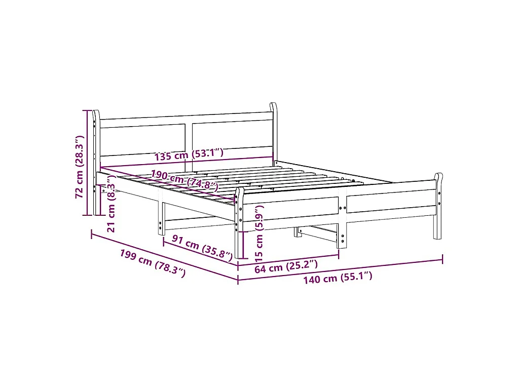 Letto senza Materasso Marrone Cera 135x190 cm in Legno di Pino