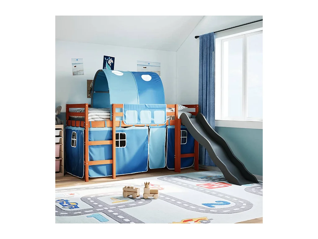 Lit mezzanine enfants avec tunnel bleu 80x200cm bois pin massif