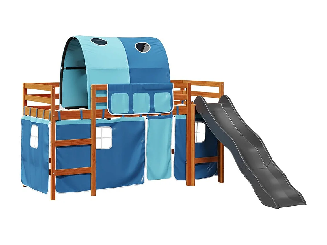 Lit mezzanine enfants avec tunnel bleu 80x200cm bois pin massif