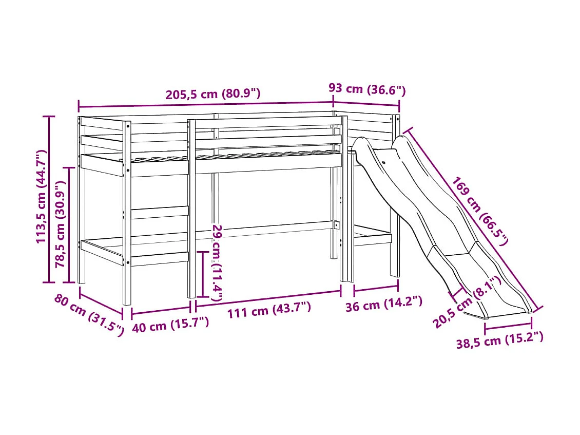 Lit mezzanine enfants avec tunnel bleu 80x200cm bois pin massif
