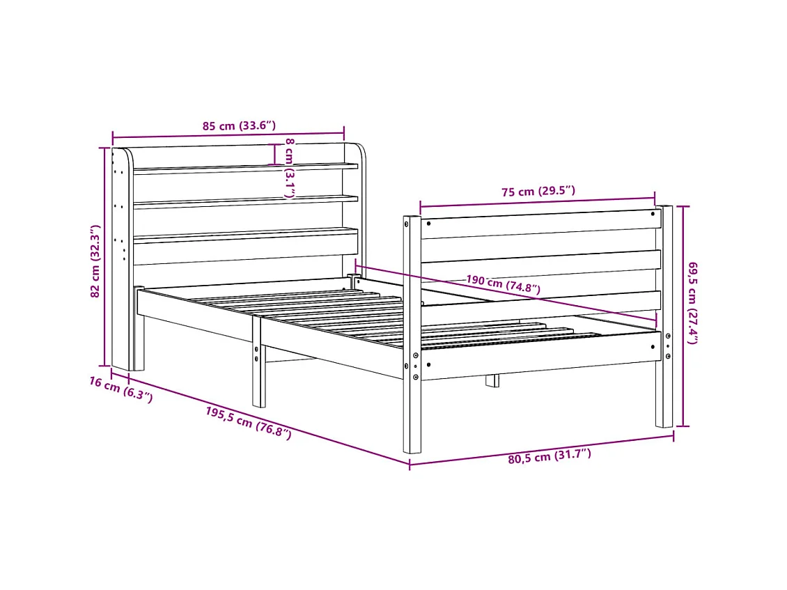 Cadre de lit avec tête de lit sans matelas 75x190 cm