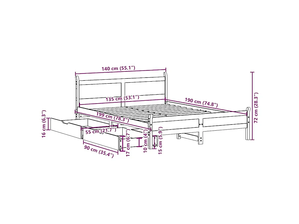 Cama sem colchão 135x190 cm madeira de pinho maciça
