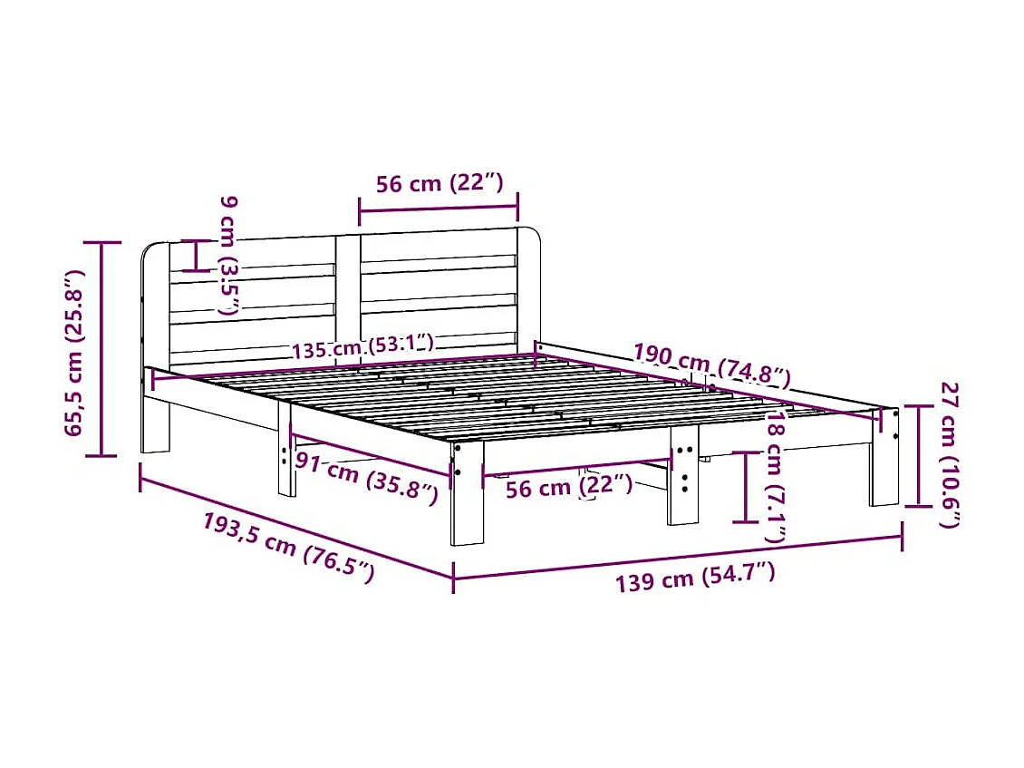 Letto senza Materasso Bianco 135x190 cm Legno Massello di Pino
