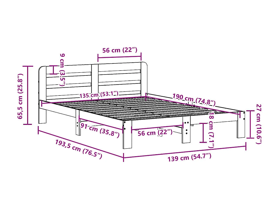 Letto senza Materasso Bianco 135x190 cm Legno Massello di Pino