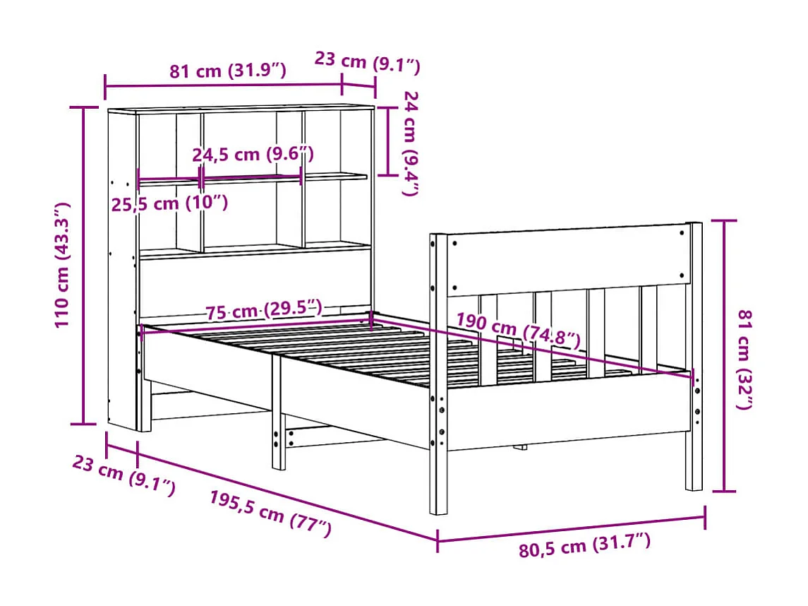 Bedframe zonder matras massief grenenhout wasbruin 75x190 cm