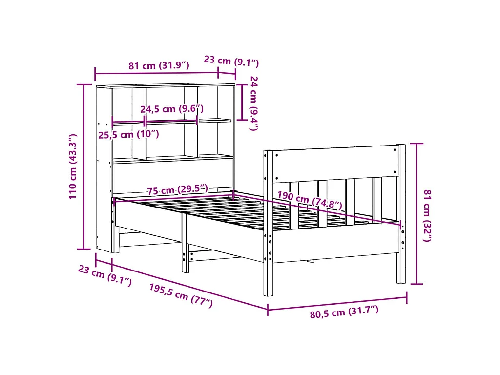Cadre de lit sans matelas cire marron 75x190 cm bois pin massif