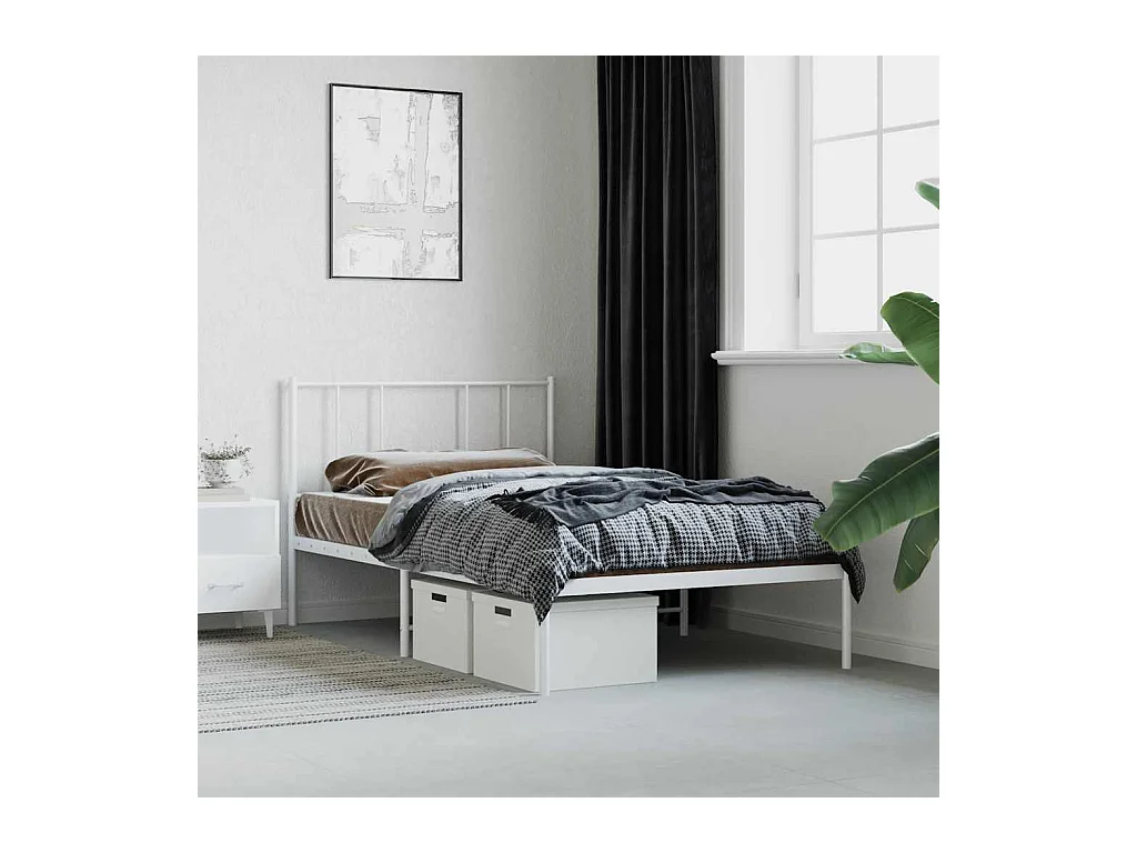 Cadre de lit métal sans matelas avec tête de lit blanc 80x200cm