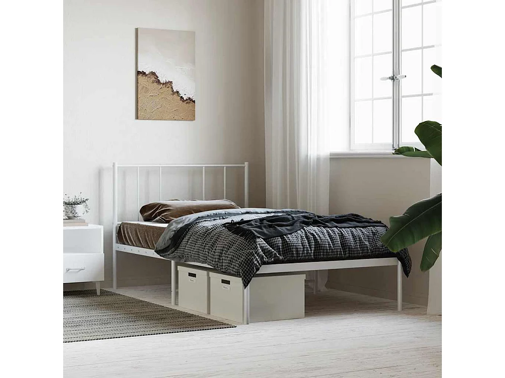Cadre de lit métal sans matelas avec tête de lit blanc 80x200cm