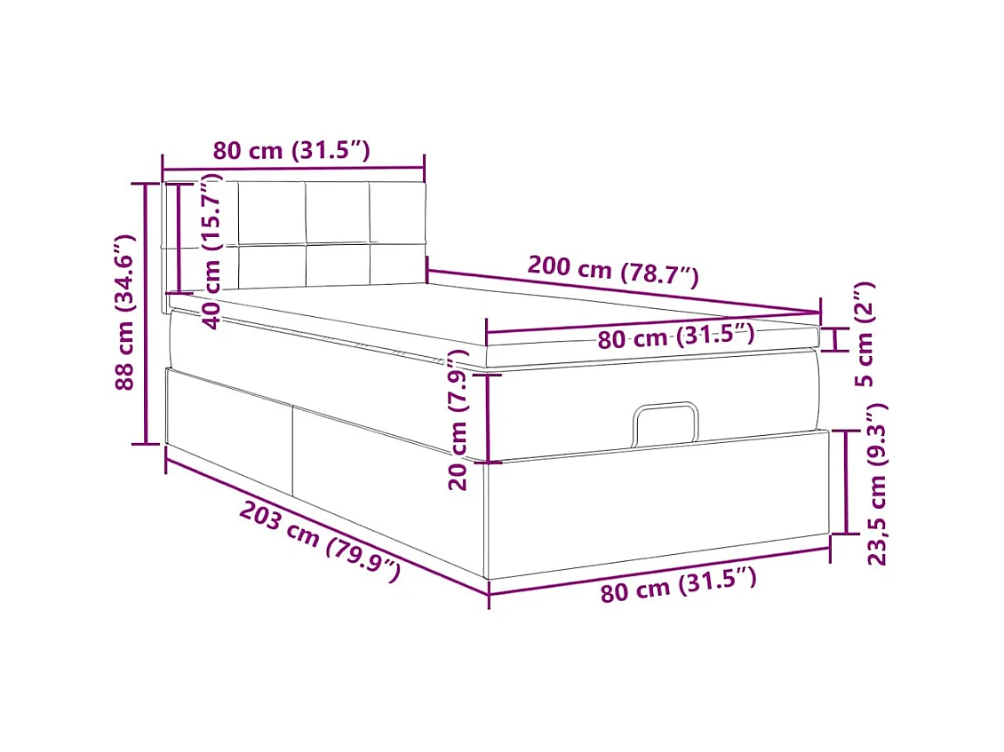 Lit ottoman avec matelas et LED Gris foncé 80x200cm tissu