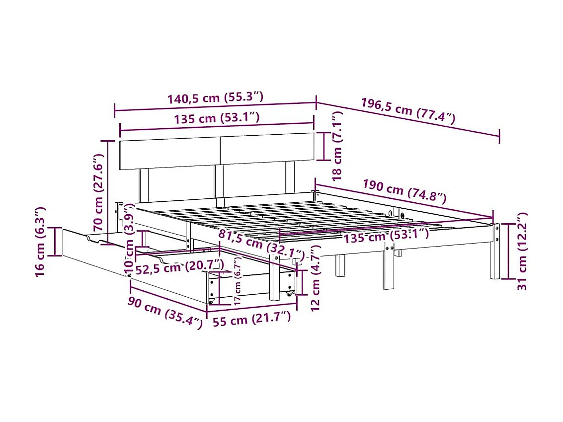 Cadre de lit sans matelas blanc 135x190 cm bois de pin massif