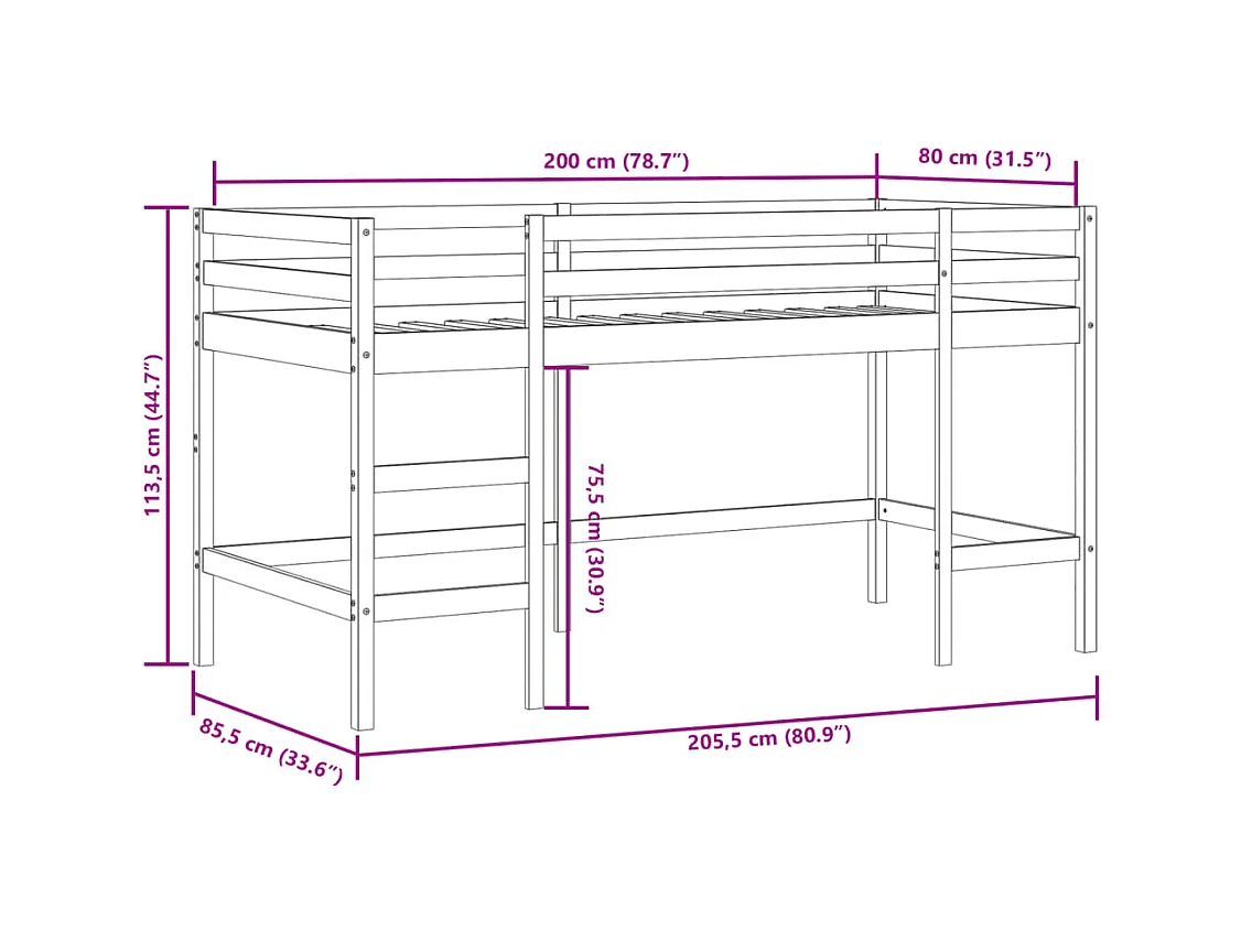 Lit mezzanine pour enfants avec rideaux sans matelas 80x200 cm