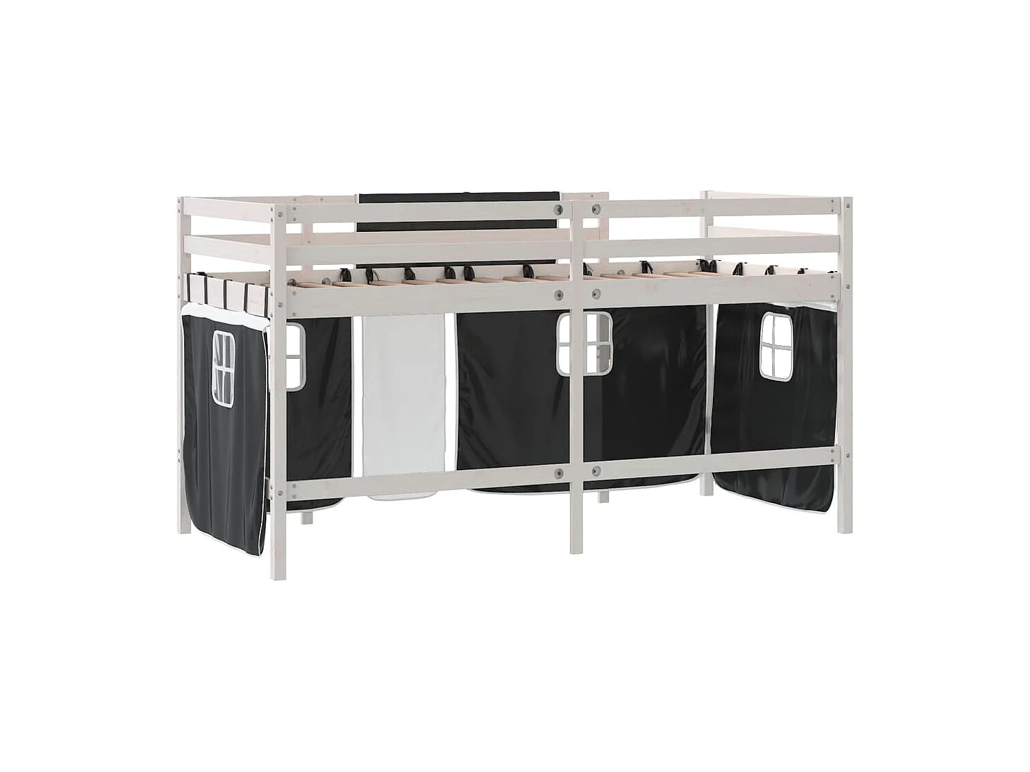 Cama alta criança c/ cortina 80x200cm pinho maciço branco/preto