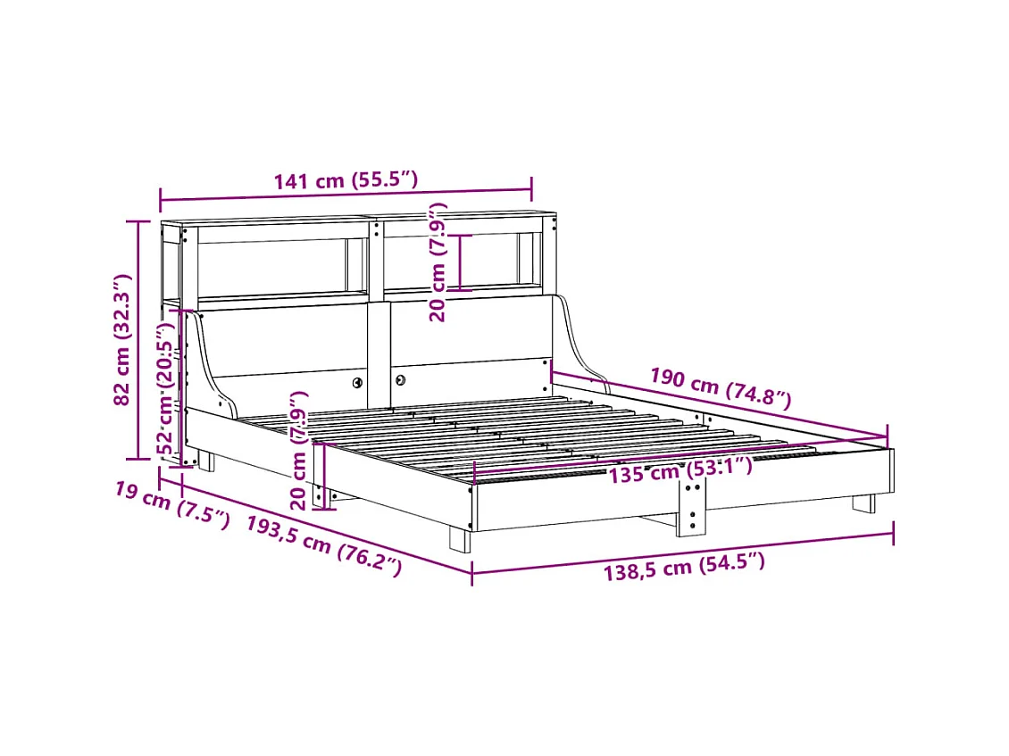 Cadre de lit sans matelas cire marron 135x190cm bois pin massif