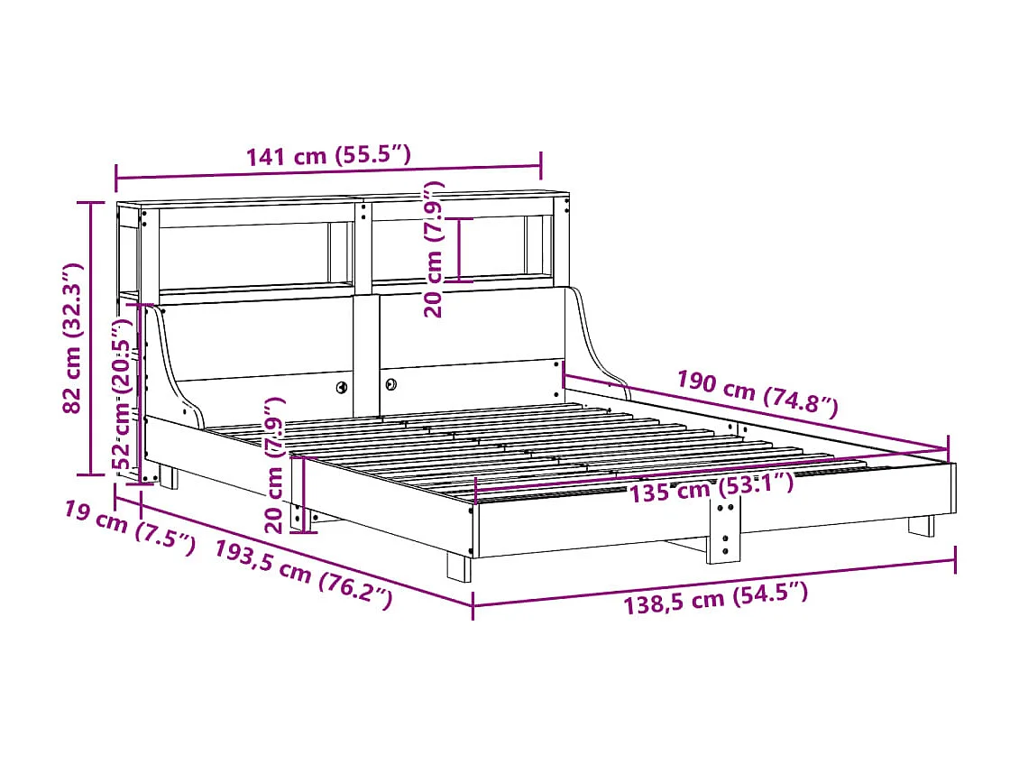 Cama sem colchão 135x190 cm madeira pinho maciça castanho-mel