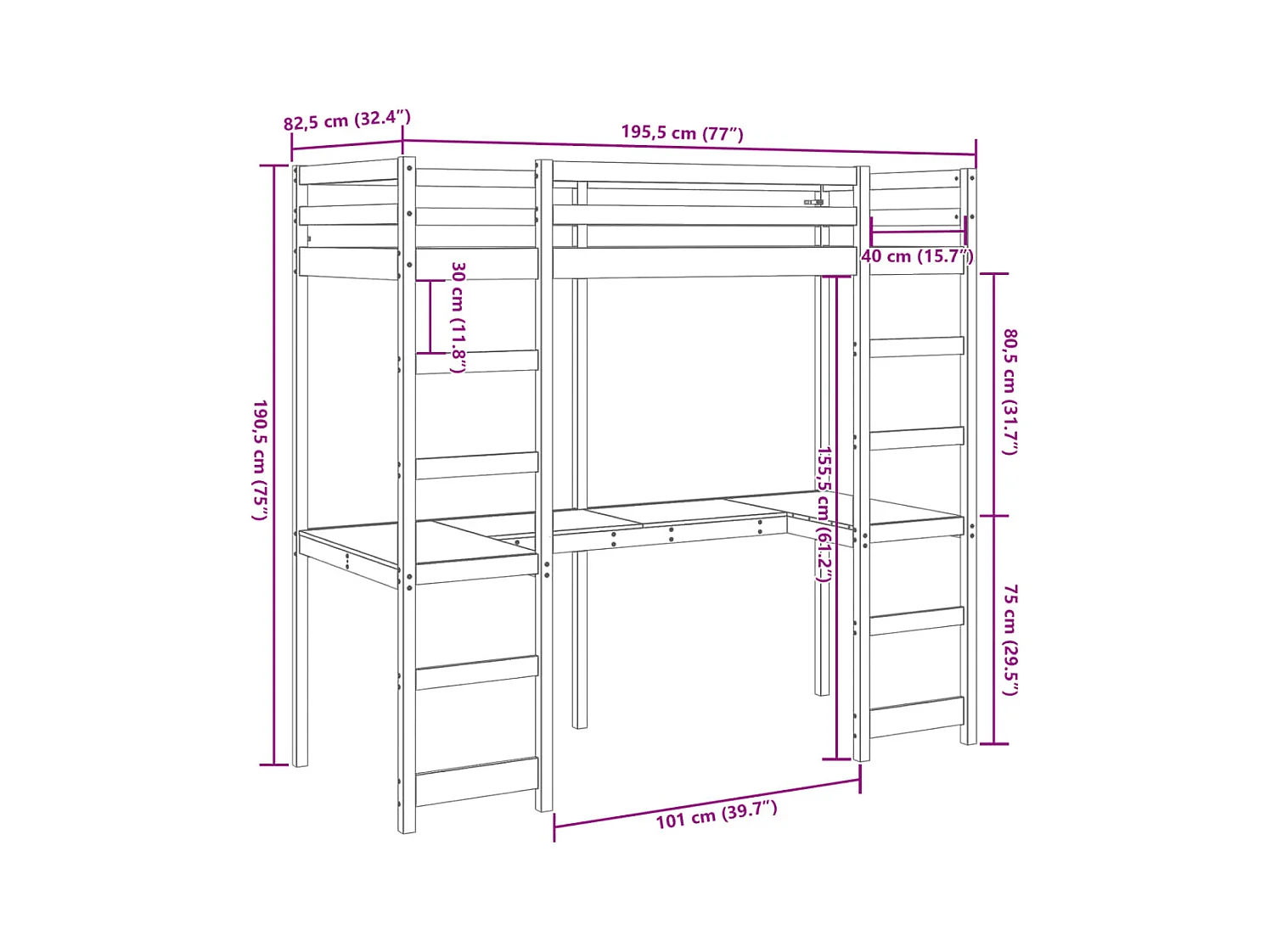 Hochbett ohne Matratze Wachsbraun 75x190 cm Massivholz Kiefer