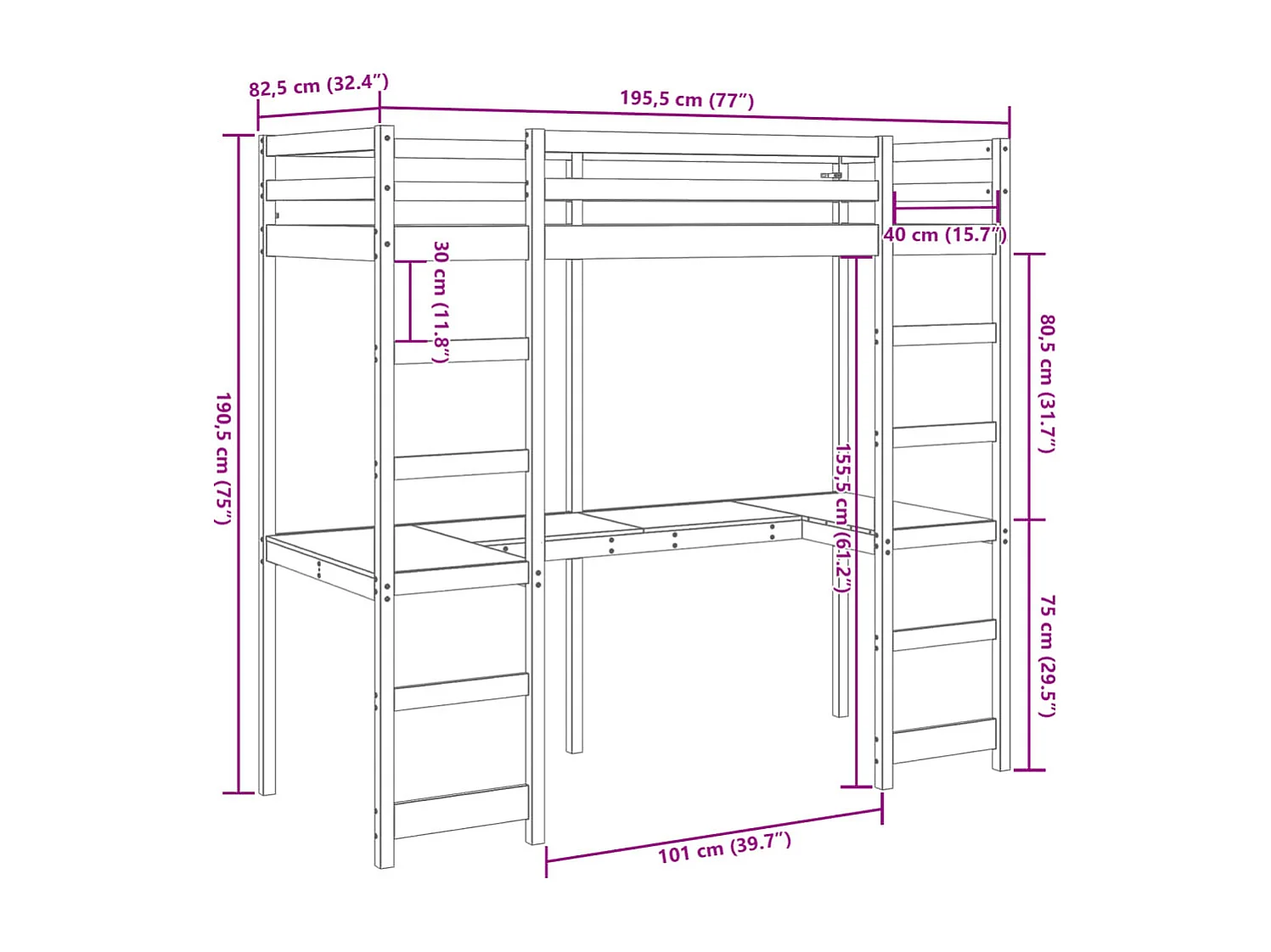Hochbett ohne Matratze Wachsbraun 75x190 cm Massivholz Kiefer
