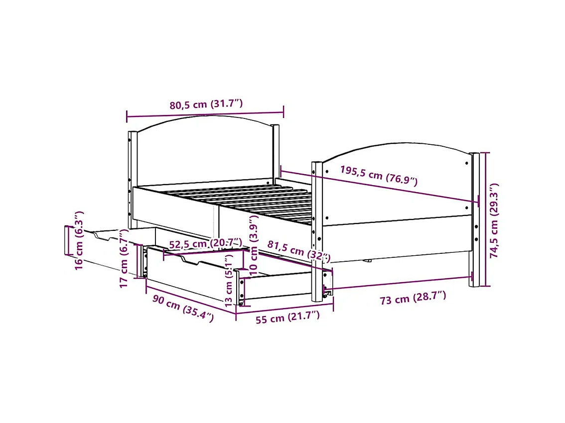 Bedframe zonder matras massief grenenhout wit 75x190 cm