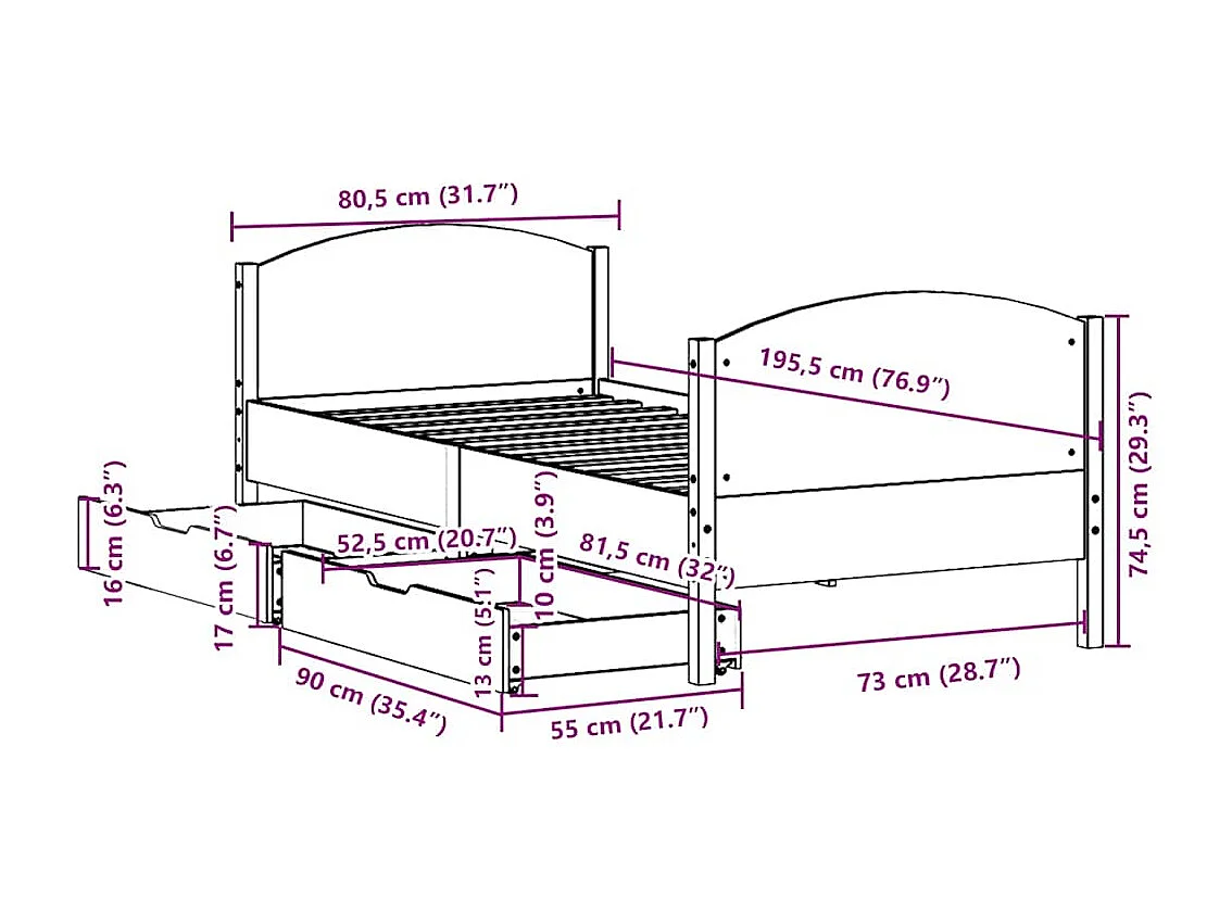Bedframe zonder matras massief grenenhout wit 75x190 cm