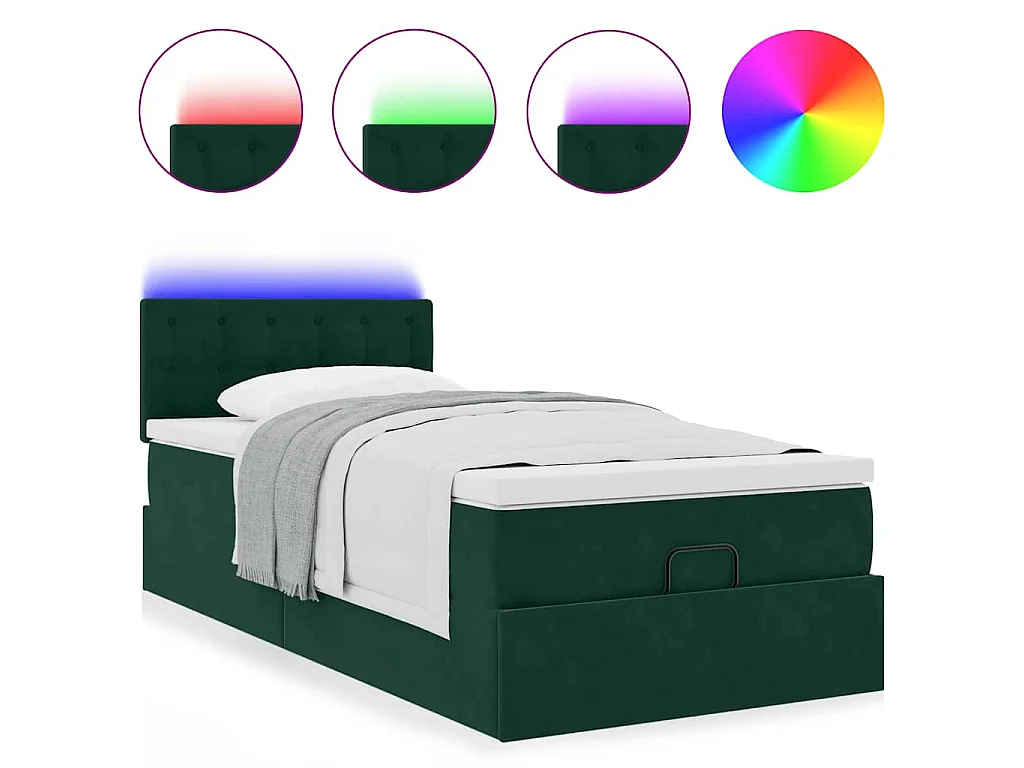 Cama otomana con colchón y LED terciopelo verde oscuro 80x200cm