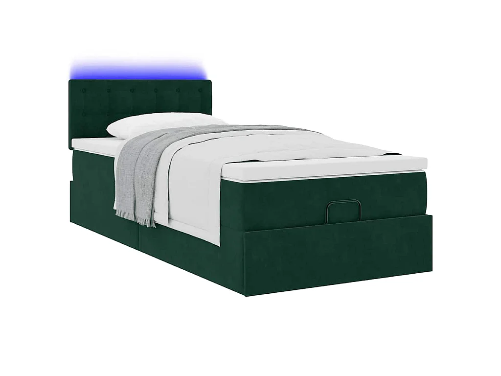 Cama otomana con colchón y LED terciopelo verde oscuro 80x200cm