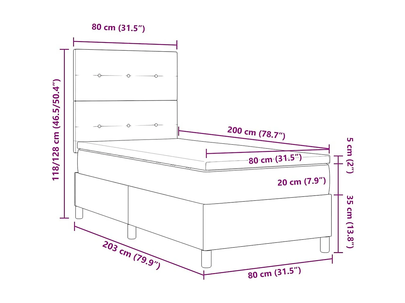 LED Box Spring Bed met matras Zwart 80 x 200 cm Stof