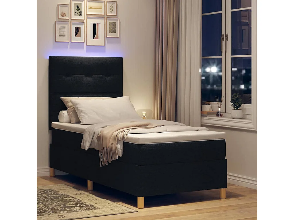 Lit à ressort LED avec tête de lit Noir 80 x 200 cm tissu
