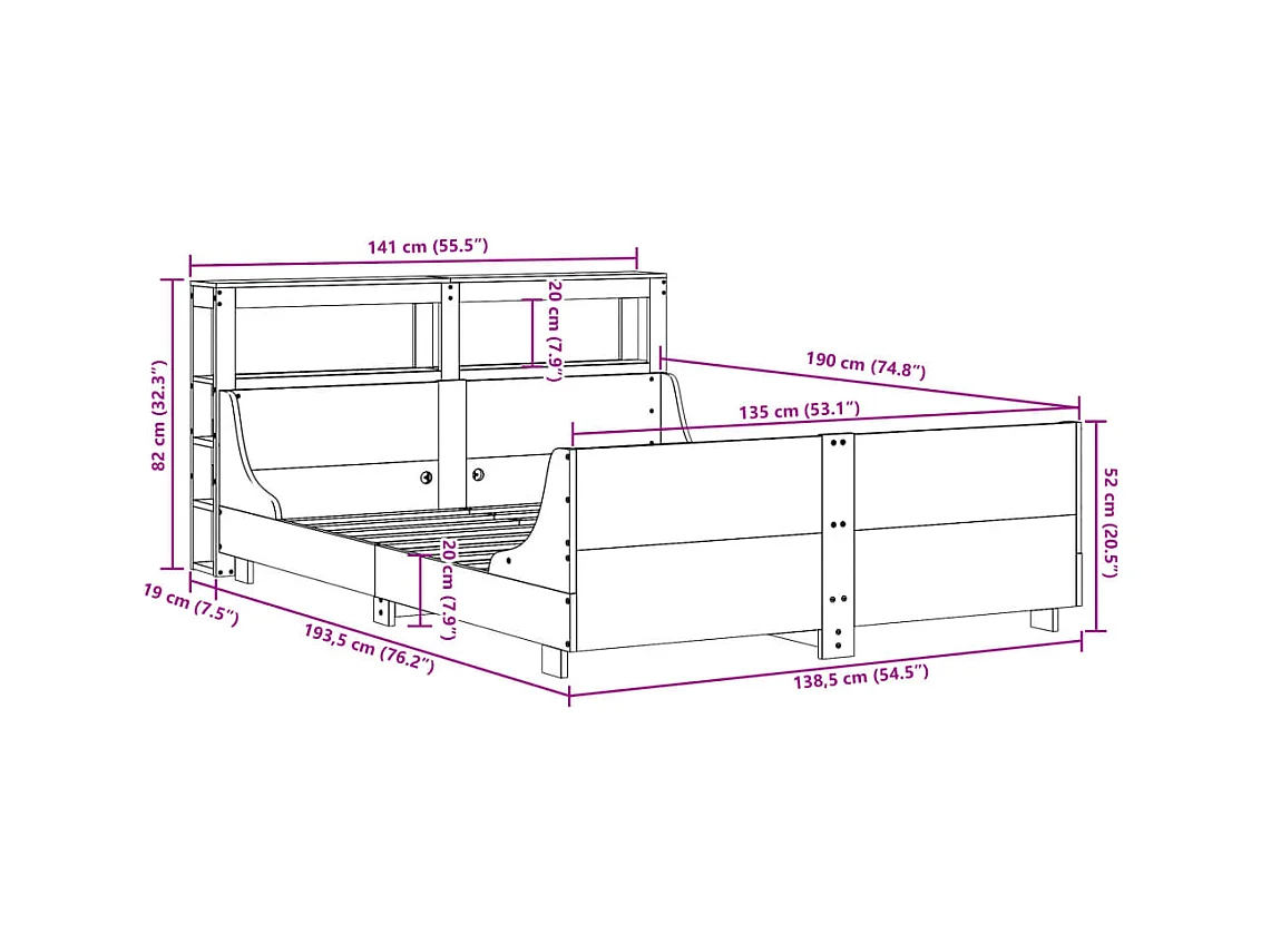 Cadre de lit sans matelas cire marron 135x190cm bois pin massif