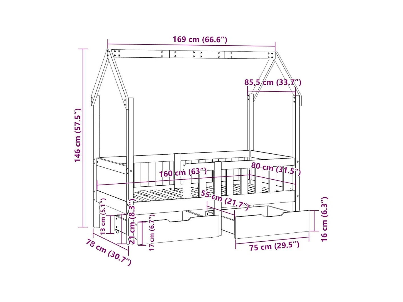Giroletto per Bambini con Cassetti 80x170cm Legno Massello Pino