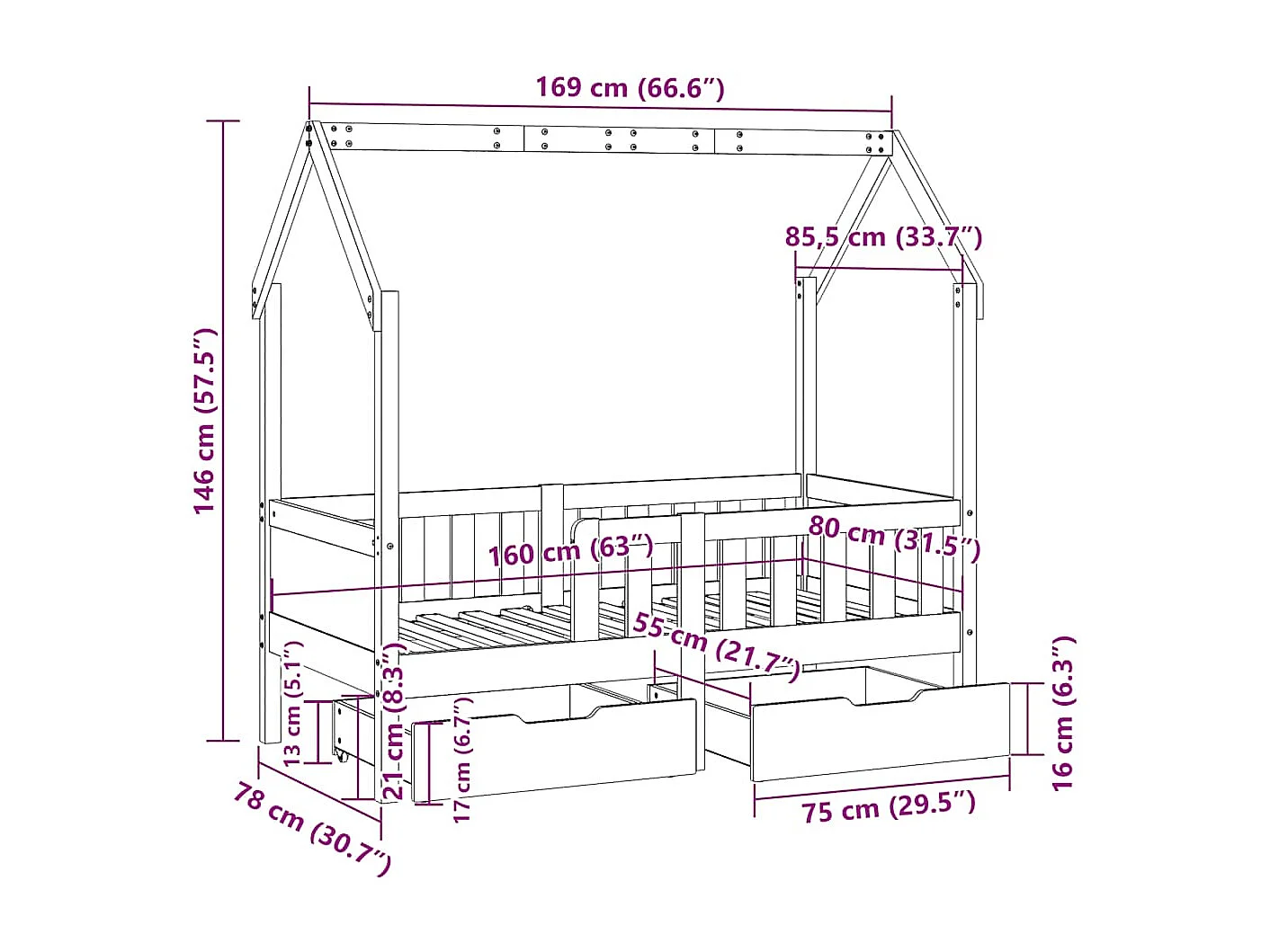 Cadre de lit enfant avec tiroirs sans matelas 80x170 cm bois