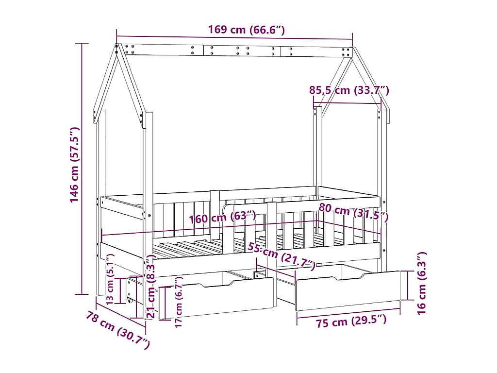 Giroletto per Bambini con Cassetti 80x170cm Legno Massello Pino