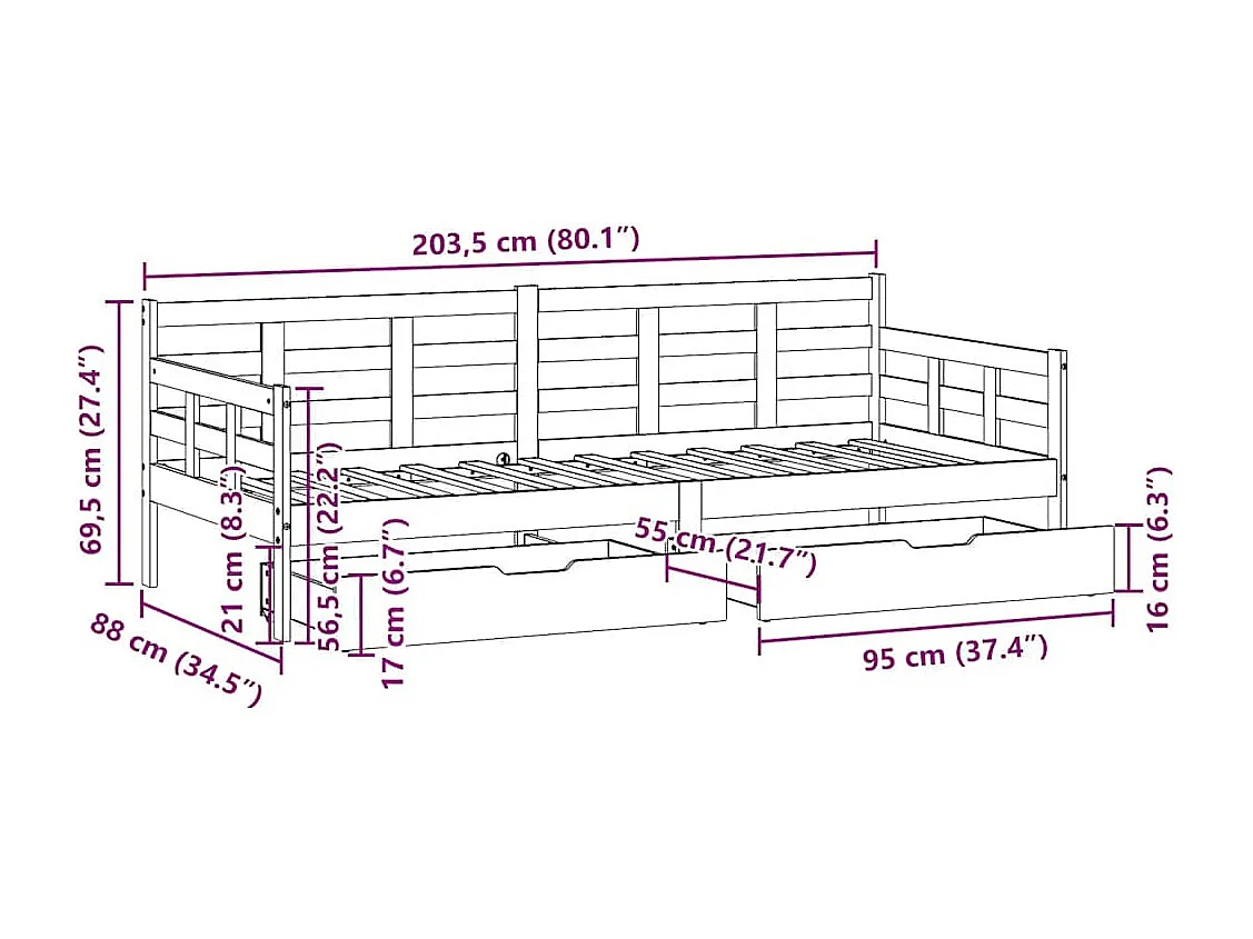 Slaapbank met lades 80x200 cm massief grenenhout wit