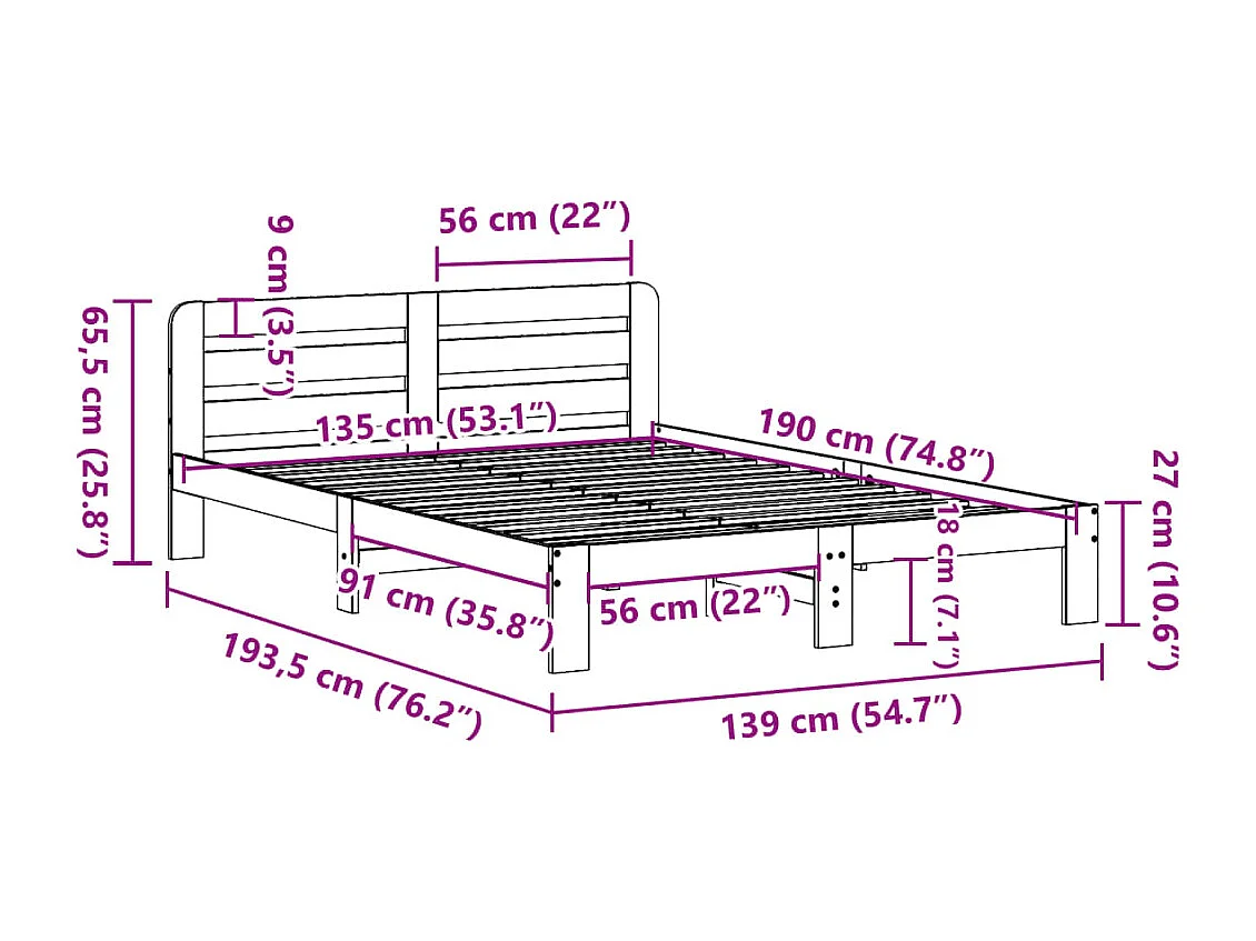 Cadre de lit sans matelas cire marron 135x190cm bois pin massif