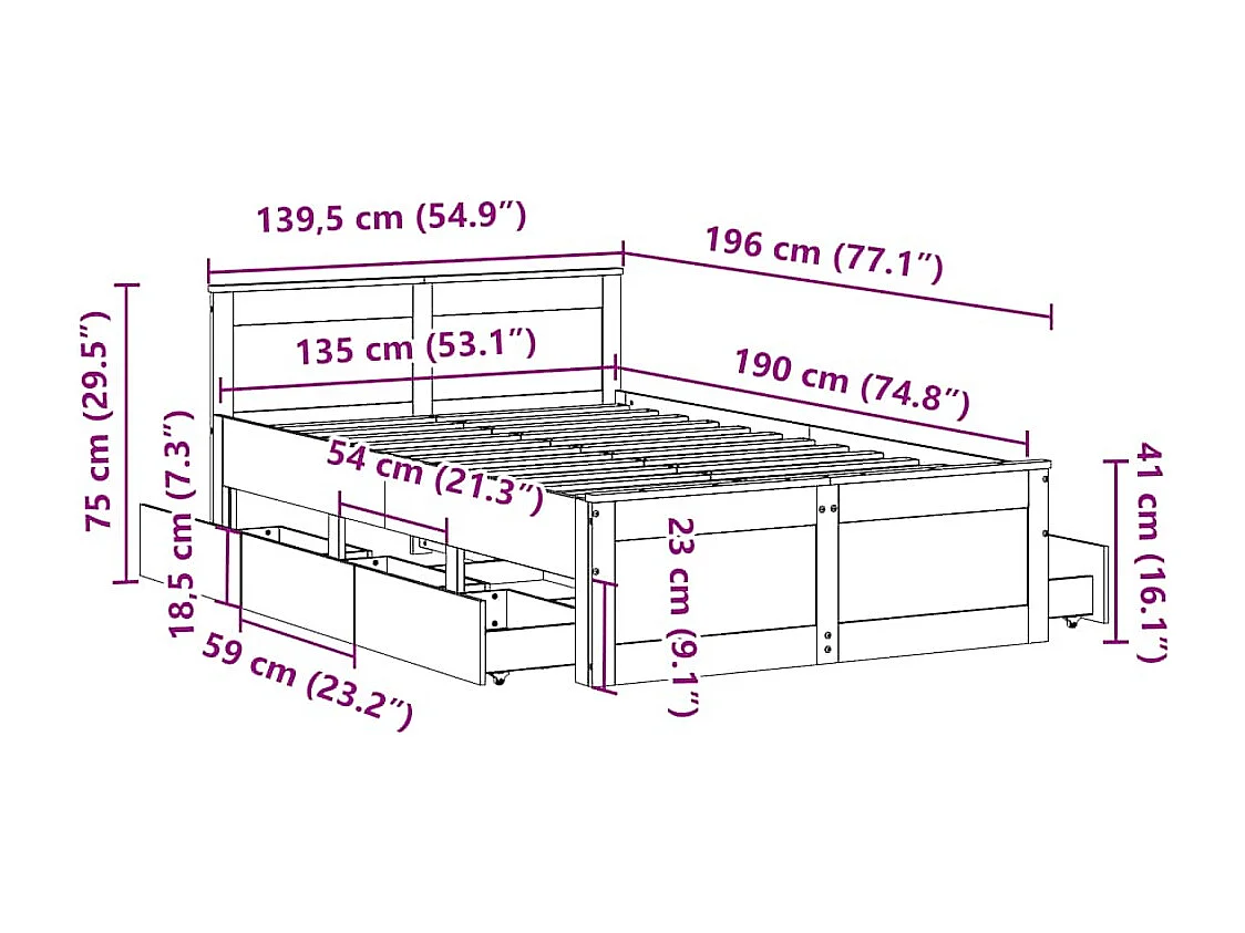 Cadre de lit sans matelas avec tête de lit 135x190 cm bois pin